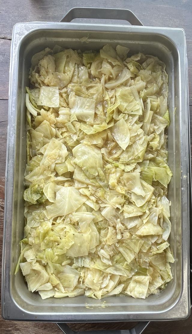 A pan of tender Southern style cabbage